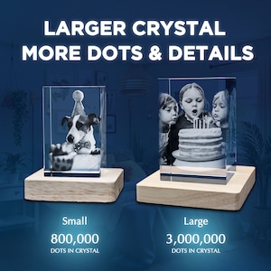 Puede incluir: Dos bloques de cristal rectangulares con fotos grabadas con l&aacute;ser sobre bases de madera clara. El bloque izquierdo muestra un perro con gorro de fiesta, etiquetado Small 800.000 puntos. El derecho muestra ni&ntilde;os con un pastel, Large 3.000.000 puntos.