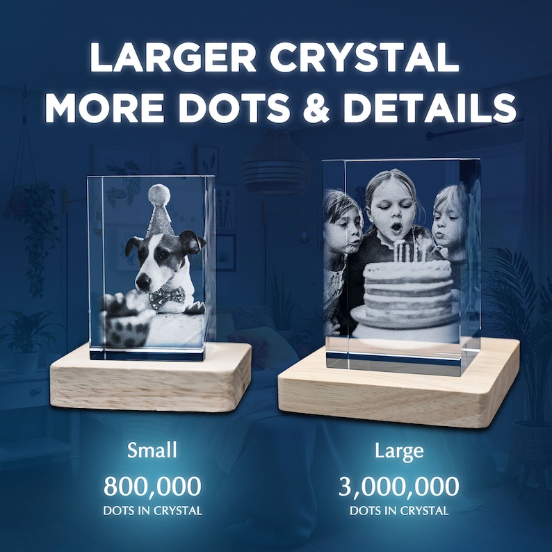 Puede incluir: Dos bloques de cristal rectangulares con fotos grabadas con l&aacute;ser sobre bases de madera clara. El bloque izquierdo muestra un perro con gorro de fiesta, etiquetado Small 800.000 puntos. El derecho muestra ni&ntilde;os con un pastel, Large 3.000.000 puntos.