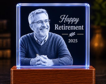 Personalized Crystal Photo Gift with Light Base, Custom 3D Picture Keepsake, Retirement Gift for Boss, Coworker, Employee