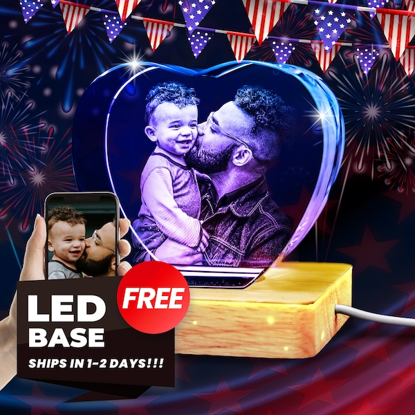 Free LED base 3D Crystal Photo Personalized Gifts for Dad, Mom, Women, Laser Etched Picture, Engraved crystal, Anniversary, valentine Gifts