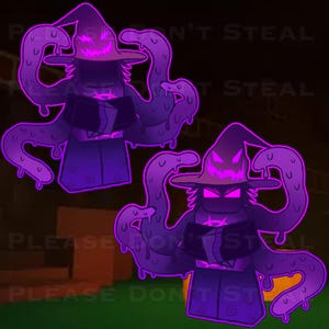 May include: A digital illustration featuring two identical purple figures with glowing neon outlines. Each figure wears a pointed hat with a jagged face, has multiple long tentacles extending from the sides, and displays a dark, blocky torso.
