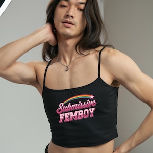 Submissive femboy sexy Spaghetti black Strap Crop Top, sissy tank top, lgbtq shirt, gay pride, crossdresser, gay, femdom, femboy, swinger