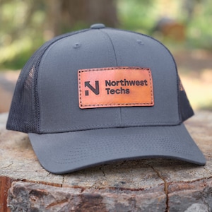 Trucker Hat with Custom Stitched Leather Patch | Engraved Logo Hats for Business, Personalized Trucker Snapback Hats, Bulk Company Hats