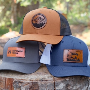 Custom Logo Trucker Hats | Stitched Leather Patch Snapback Hats For Your Business or Company, Personalized Hats, Engraved Trucker Hats