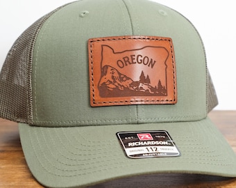 Oregon Leather Patch Trucker Hat Richardson 112 | State of Oregon Hat, Real Leather Patch, OR Hat, PNW Hat, Custom Oregon Mountain Patch Hat