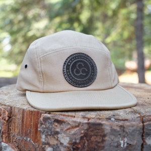Custom 5 Panel Camp Hat with Stitched Logo Patch | Real Leather Engraved 5 Panel Hat, Branded Five Panel Business Hat, Made in USA
