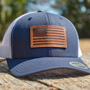 USA American Flag Leather Patch Trucker Hat | USA Flag Hat, Flag Patch Trucker Cap, Engraved Real Leather Patch, Made in USA