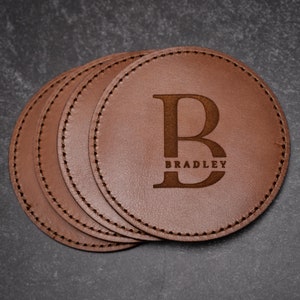 Set of 4 Custom Monogrammed Leather Coasters | Full Grain Leather Coaster Set, Engraved Coasters, Personalized Coaster, Leather Gift