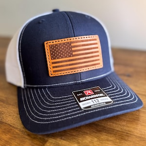 USA Flag Leather Patch Trucker Hat Navy and White | Real Leather Patch, American Flag Hat, Patriotic Trucker Cap, Richardson 112 Hat