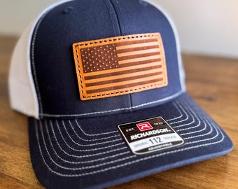 USA Flag Leather Patch Trucker Hat Navy and White | Real Leather Patch, American Flag Hat, Patriotic Trucker Cap, Richardson 112 Hat