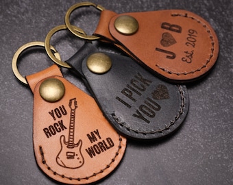 Engraved Guitar Pick Holder | Custom Anniversary Gift for Guitarist, Real Leather Guitar Pick Keychain, Guitar Player Gift, Musician Gift