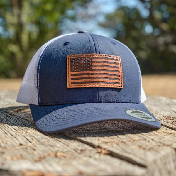 USA American Flag Leather Patch Trucker Hat | Patriotic Snapback Cap with Engraved Real Leather Patch, July 4th Hat, Made in USA