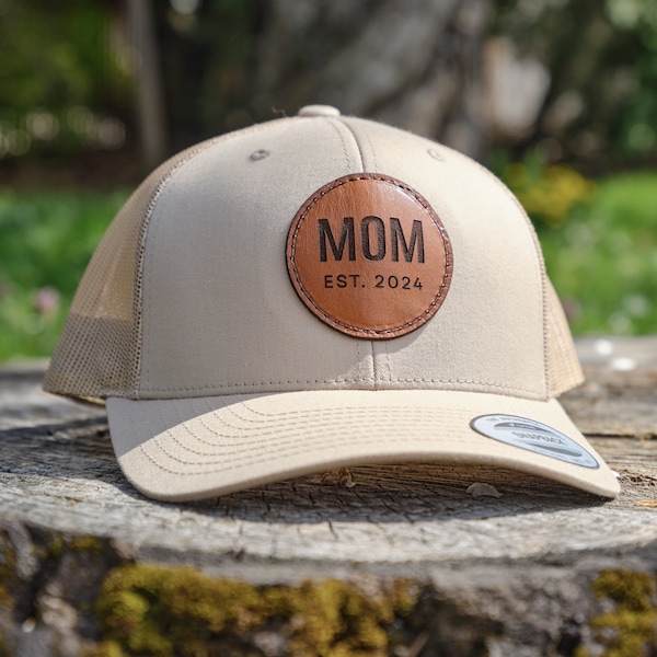 Mom Est 2024 Leather Patch Trucker Hat | Personalized Mom Hat for Mothers Day Gift or New Mom Gift, Handcrafted in USA