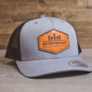 Leather Patch Trucker Hat with Custom Logo | Real Leather Patch, Stitched Patch, Custom Hat for Company or Brand, Leather Patch Hat