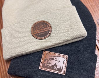 Leather Patch Beanies | Custom Engraved Logo Beanie, Real Leather Patches, Branded Beanies, Personalized Beanies, Corporate Gift Hats