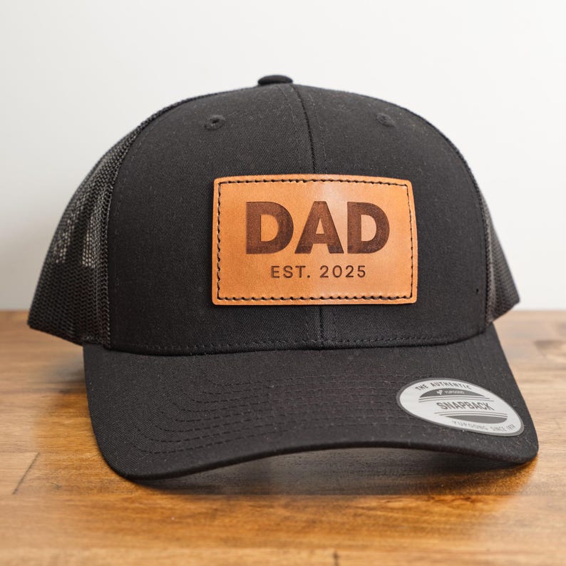 Dad Established 2025 Hat Black with Real Leather Tan Patch