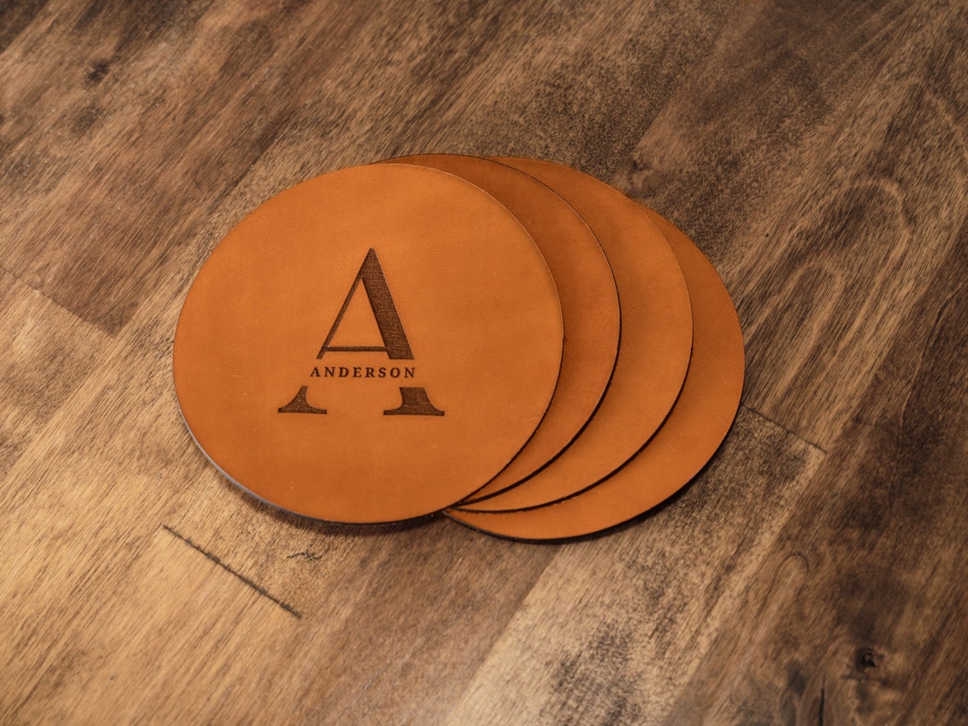 Set of 4 Custom Monogrammed Leather Coasters Full Grain Leather Coaster