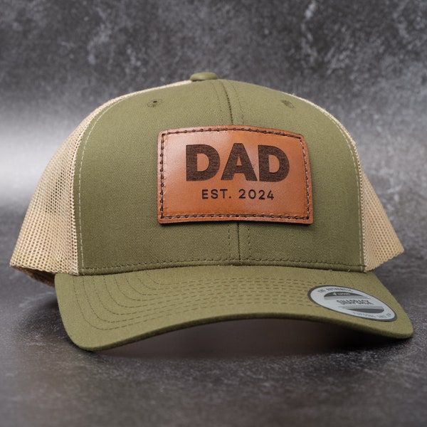 Dad Est 2024 Leather Patch Trucker Hat | Personalized Dad Hat for Fathers Day Gift or New Dad Gift, Made in USA