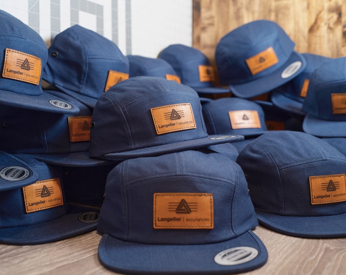 5 Panel Hat with Custom Leather Patch | Real Leather Personalized Camp Hat for Brand, Business or Company Hat, Bulk Logo Hats, Made in USA