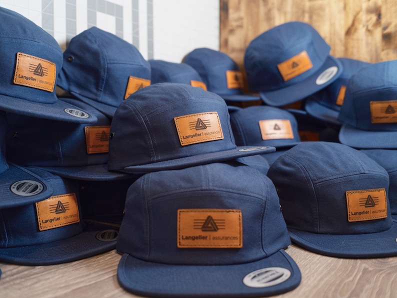 Bulk 5 Panel Hats with Tan Custom Logo Patches