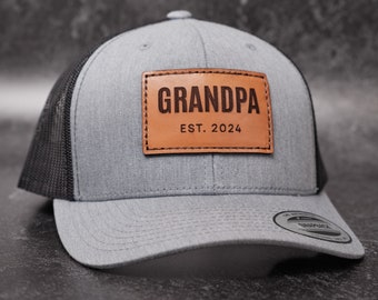 Grandpa Est 2024 Leather Patch Trucker Hat | Personalized Grandpa Hat, Papa Hat, Popops Hat for New Grandpa Gift or Baby Announcement Gift