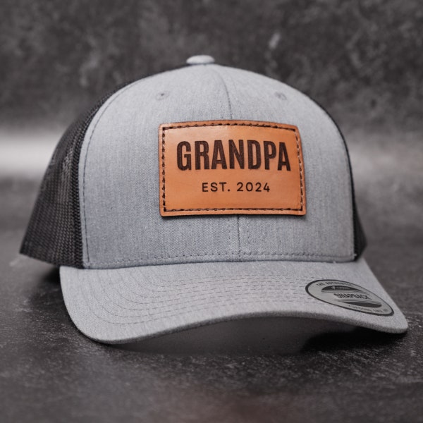 Grandpa Est 2024 Leather Patch Trucker Hat | Personalized Grandpa Hat, Papa Hat, Popops Hat for New Grandpa Gift or Baby Announcement Gift