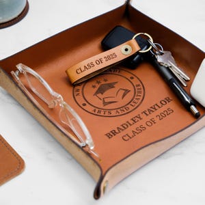 2025 Graduation Gift Real Leather Tray | Custom Catchall Valet Tray, Graduating Gift for Men, Class of 2025 Gift, Grad Gift Desk Organizer