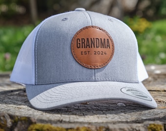 Grandma Est 2024 Leather Patch Trucker Hat | Personalized Grandma Hat, Grammy Hat, Nana Hat for New Grandma Gift or Baby Announcement Gift