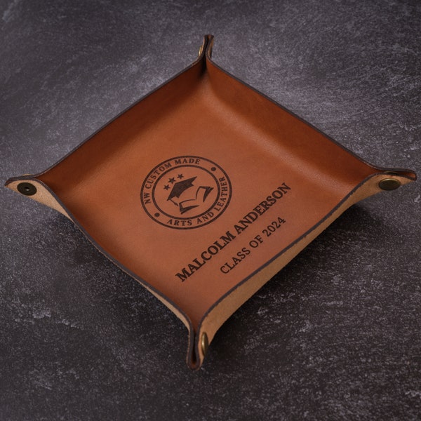 Graduation Gift Custom Leather Tray | Real Leather Catchall Valet Tray for Graduating Gift, Engraved Class of 2024 Tray, New Degree Gift