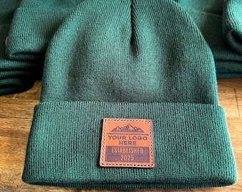 Custom Beanies | Premium Real Leather Patch Beanies, Engraved Logo Beanie for Business or Company, Custom Logo Beanies with Stitched Patch