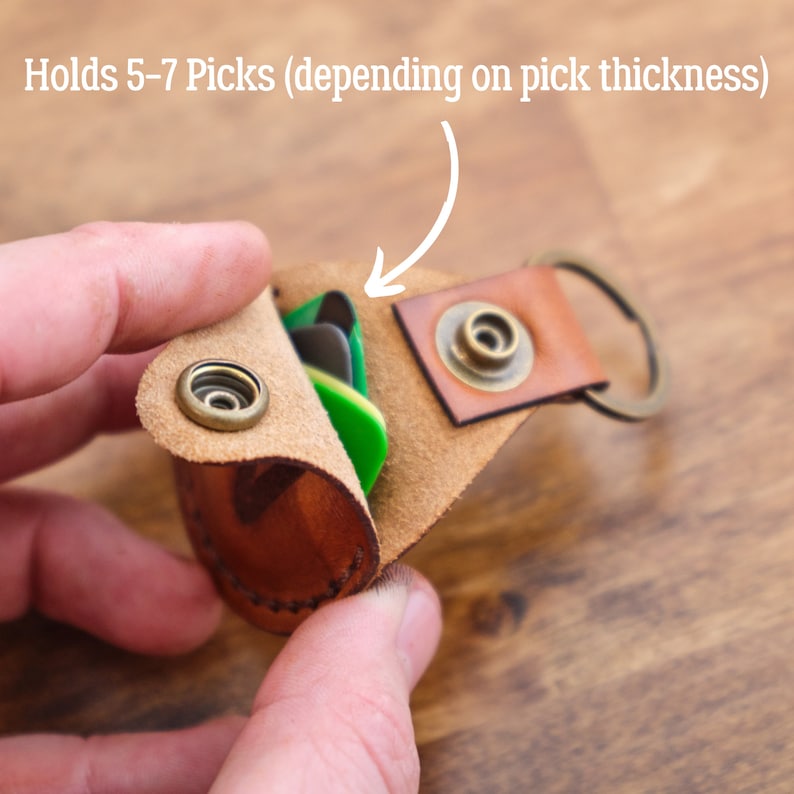 Engraved Guitar Pick Holder Keychain Made From Real Leather