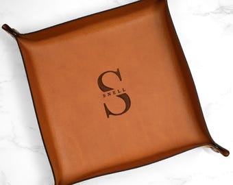 Monogrammed Leather Valet Catchall Tray | Real Leather Personalized Tray, Custom Catchall Tray, Desk Organizer Tray, Graduation Gift Tray