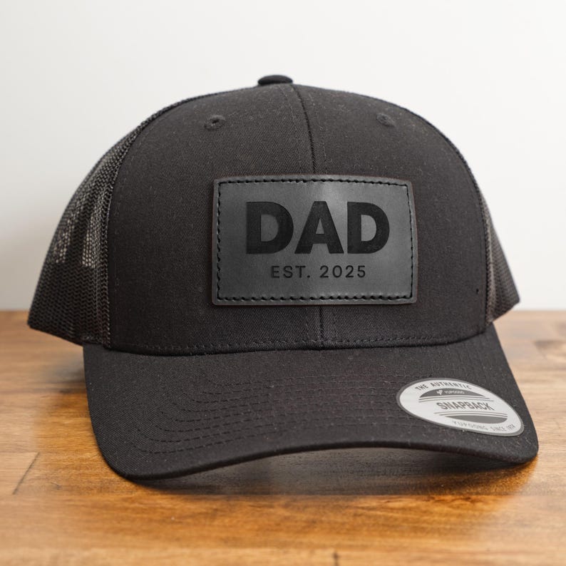Dad Established 2025 Hat Black with Real Leather Black Patch