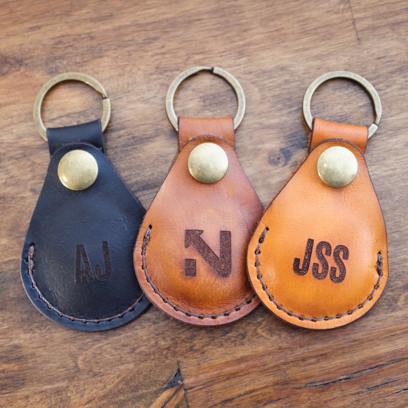 Engraved Guitar Pick Holder Keychain Made From Real Leather