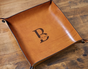 Personalized Catch All Tray Tan | Handmade Real Leather Monogrammed Valet Tray, Engraved Catchall Tray for Men, Custom Desk Organizer Tray