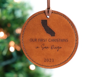 First Christmas in New State Ornament | Real Leather Ornament, All 50 States Available, Custom State Ornament 2023