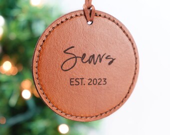 Family Est 2023 Christmas Ornament Real Leather | Personalized Family Name Ornament, First Christmas Married, Anniversary Gift Ornament
