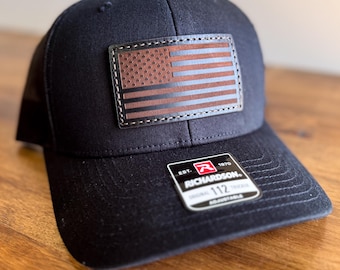 Black USA Flag Leather Patch Trucker Hat | Real Black Leather Patch, American Flag Hat, Patriotic Trucker Cap, Black Richardson 112 Hat