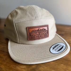 Khaki Tan 5 Panel Hat with Custom Leather Patch Logo