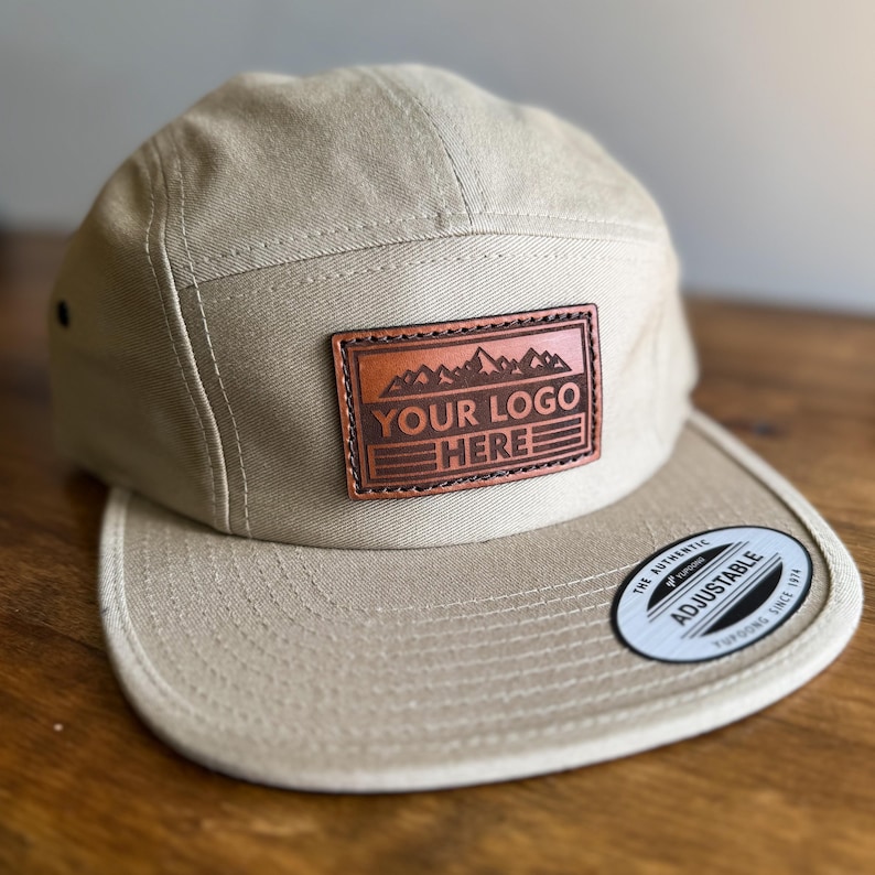 Khaki Tan 5 Panel Hat with Custom Leather Patch Logo