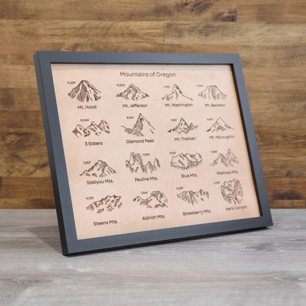 Mountains of Oregon Leather Engraved Art | Hand-Drawn Oregon Mountains Wall Art, Oregon Wall Art, PNW Custom Art with Wood Frame