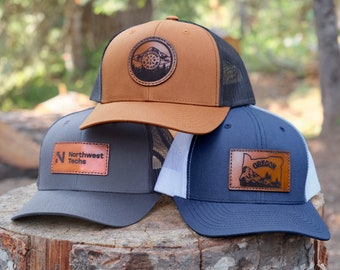 Custom Logo Trucker Hats | Stitched Leather Patch Snapback Hats For Your Business or Company, Personalized Hats, Engraved Trucker Hats