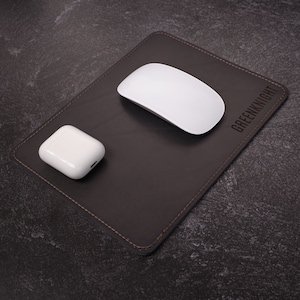 Black Leather Engraved Mousepad | Real Italian Leather Handmade Mouse Pad, Home Office Gift, Personalized Gaming Gift, Custom Mouse Pad