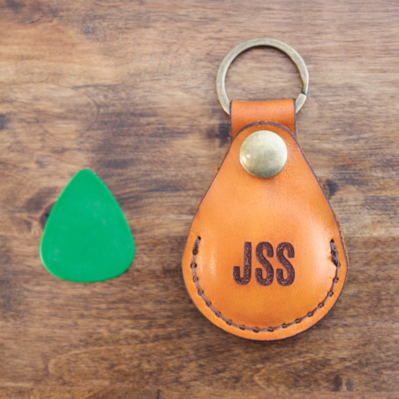 Engraved Guitar Pick Holder Keychain Made From Real Leather