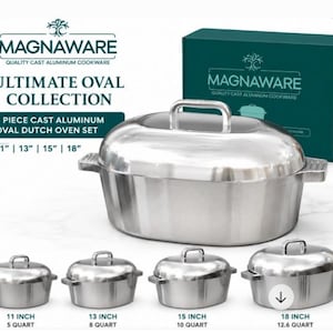 Magnaware Ultimate Oval Collection | 4 Piece Cast Aluminum Dutch Oven Set | 11", 13", 15" & 18" Oval Roasters with Lids