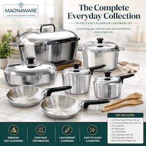 May include: A 14-piece Magnaware cast aluminum cookware set featuring silver pots and pans with black handles and lids. The set includes an 8 QT oval Dutch oven, 5 QT round Dutch oven, 10-inch sauté pan, 8-inch and 10-inch chef skillets, 2 QT and 3 QT saucepans, and wooden flippers.