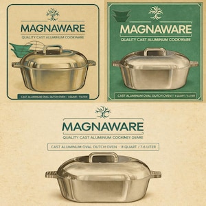 May include: An image featuring three cast aluminum oval Dutch ovens. The text on the image reads "MAGNAWARE QUALITY CAST ALUMINUM COOKWARE". The Dutch ovens are 8 quart / 7.5 liter and 7.6 liter. The background is a vintage style.