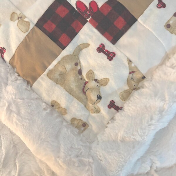 Handmade Baby Blanket Quilt & Matching Bib  Soft Neutral Colors Puppy Print