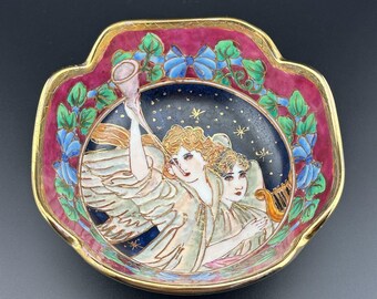 Vintage Decorative Porcelain Bowl Gold Border Angels Music Vine Hand-painted 6"