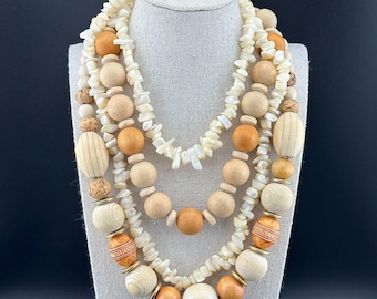 Lot of 3 Vintage Necklaces Mother of Pearl Chips Wooden Bead Round Chunky Cream